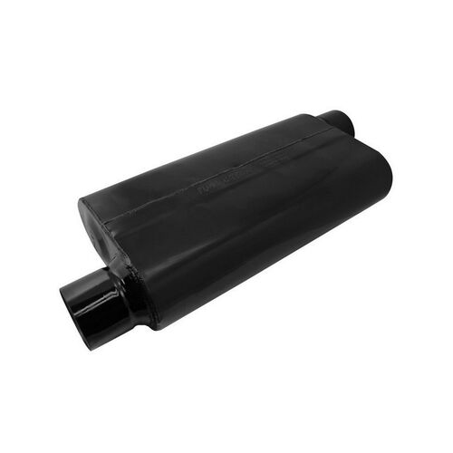 60 Series Delta Force Race Muffler, 4.00 IN (O) / OUT (O), Opposite Side Offsets: ea, 16 Gauge 409S Stainless Steel