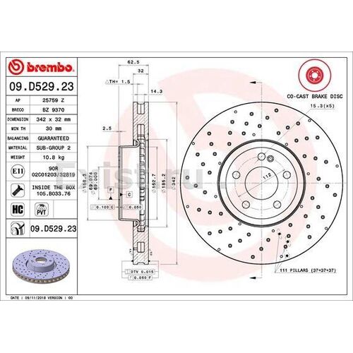 Brembo Передние тормозные диски для Mercedes C-class AMG-line (w205) (342x32mm) (1шт)